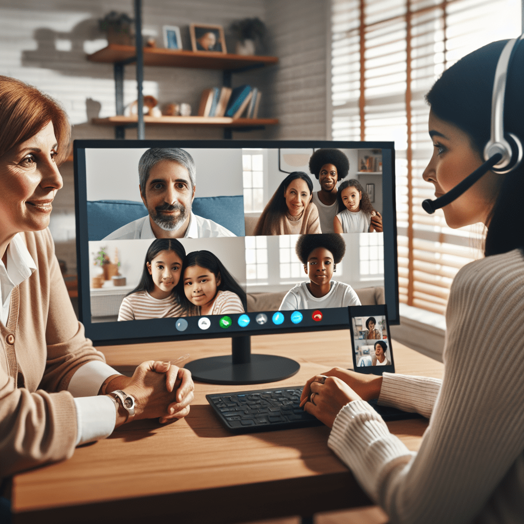 A video conference call on a desktop computer with multiple participants displayed in separate frames. A smiling woman wearing a headset is visible in the foreground, seemingly leading the call.
