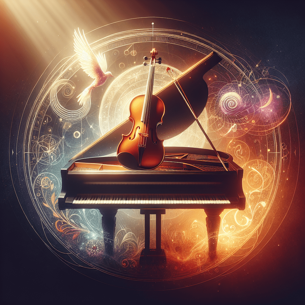 A grand piano with a violin resting on top, surrounded by a mystical aura of swirling light and musical notations, with a glowing dove in flight above against a backdrop of celestial designs and warm light beams.