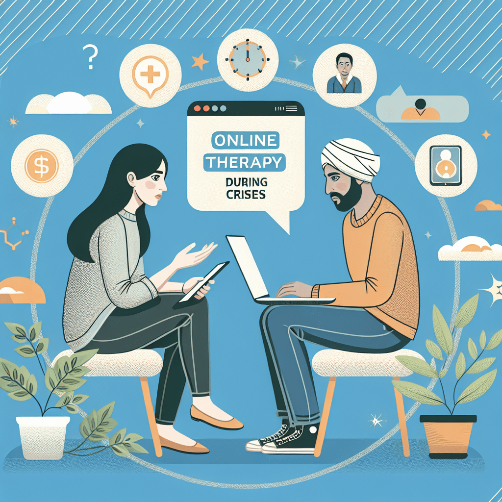 Illustration of two people engaged in online therapy, with a woman using a tablet and a man using a laptop, surrounded by icons representing health, time, and communication, and the text "ONLINE THERAPY DURING CRISES" displayed on a speech bubble above.