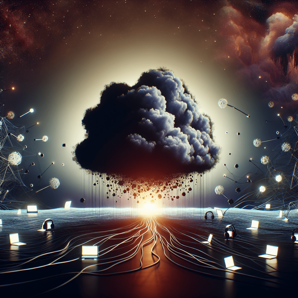 A surreal digital artwork showing a large cloud suspended above a futuristic landscape, with fiber-optic cable-like roots leading to glowing panels on the ground. Dandelion-like structures float around, illuminated against a cosmic starry sky.