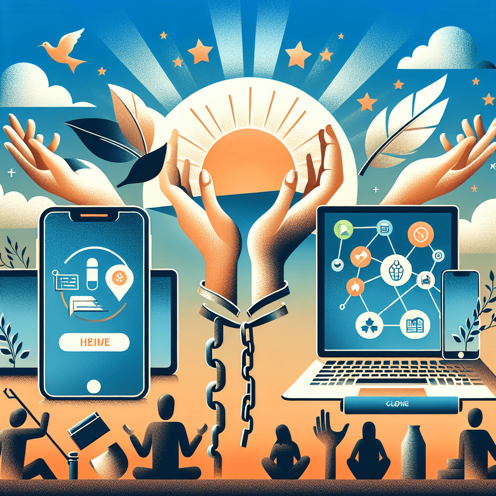 Illustration of a stylized digital education theme showing hands holding a sun, a smartphone with educational graphics breaking chains, a laptop connected to other devices, with people in various poses of learning and interaction, all set against an idyllic sky with stars, clouds, and birds.