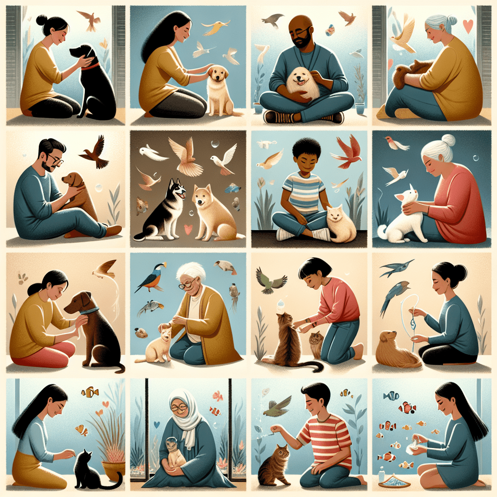 A grid of illustrated squares depicting diverse people bonding with different types of pets such as dogs, cats, birds, and fish in various serene settings. Each square shows a person engaging affectionately with an animal, evoking a sense of companionship and care.
