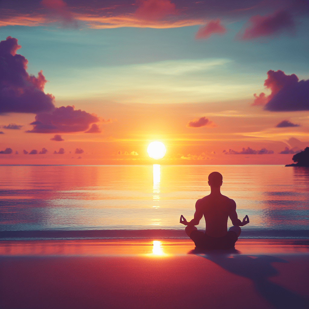 A person meditating in lotus position on a beach at sunset, with the sun reflecting over calm waters and a colorful sky in the background.
