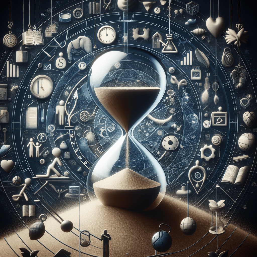 An intricate digital artwork featuring a large hourglass in the center, with sand flowing from the upper to the lower chamber, set against a detailed background filled with various symbols and objects like gears, books, a heart, and musical notes, all within concentric circles suggesting a concept of time, knowledge, and life cycles.