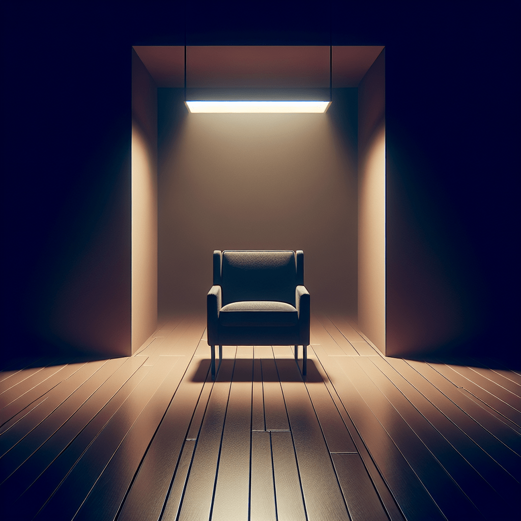 A minimalist setting featuring a single armchair centered under an overhead light in a room with dark wooden floors and walls illuminated by a warm glow.