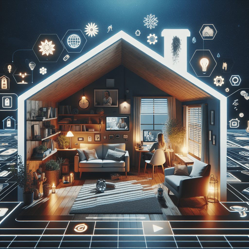 An illustration of a smart home interior with a cross-section view showing a cozy, well-lit living area and a woman sitting at a desk. The house is surrounded by glowing icons representing various connected home devices and technologies.