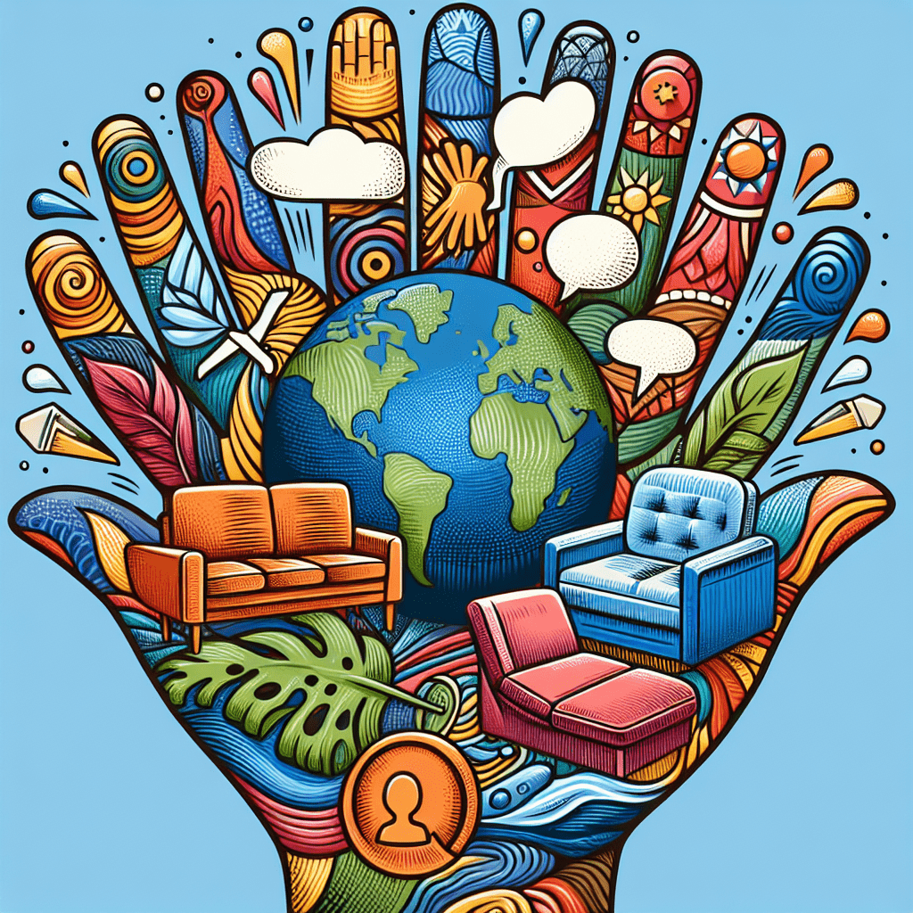 Colorful illustration of a stylized open hand cradling a globe centered on the Atlantic Ocean, with various abstract and everyday symbols, including furniture, plants, clouds, and patterns emerging from the hand's outline.