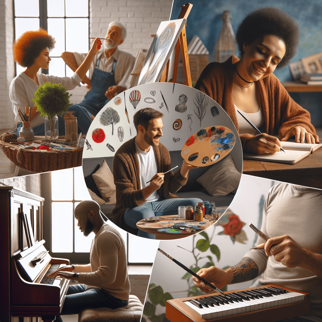 A collage of images showing people engaged in various creative activities: a woman painting on an easel, a man with a paint palette, another woman writing in a notebook, a man playing a piano, and a man playing an electronic keyboard with music notes and a rose in the foreground.