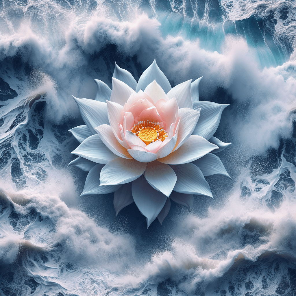 A digital artwork of a large, intricate lotus flower centrally placed, with its petals gently resting on a surreal sea of clouds and mist with a subtle backdrop of ocean waves.