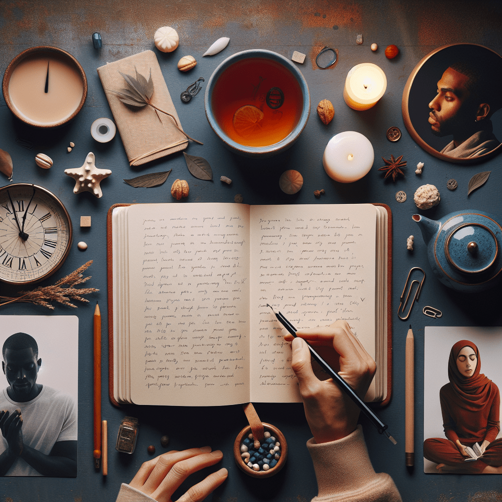 A person writing in a journal surrounded by a variety of objects including a teacup, candles, a vintage compass, and photographs of individuals, on a textured background.
