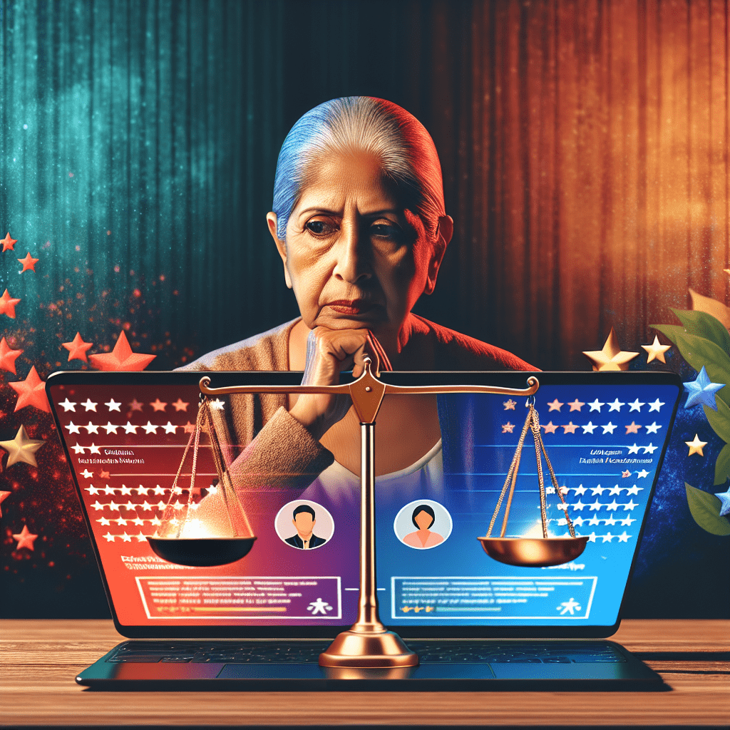 An elderly woman rests her chin on her hands, looking intently at a laptop screen displaying a justice scale with two candidate profiles on each side, set against a backdrop of sparkling red and blue curtains and stars.