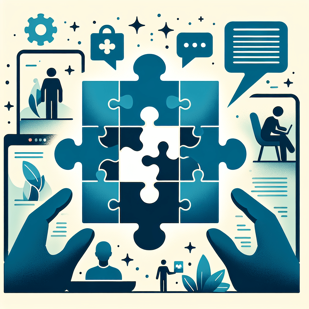 An illustration depicting a large puzzle being assembled by two hands, with various elements including a person at a desk with a laptop, mobile devices, speech bubbles, a gear, a health icon, and stars, symbolizing different aspects of a collaborative project or system integration.