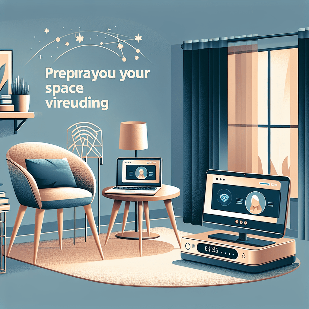 Stylized digital illustration of a cozy home office setup featuring a comfortable chair with a cushion, a wooden round table with a laptop, a desk lamp, another device resembling a computer with a video call interface, and an indoor plant on a bookshelf. The window with curtains and a decorative constellation graphic overhead are visible, and the walls possess a calming blue hue. The phrase "Prepare your space vireuding" is displayed prominently, although the text seems to contain a typographical error.