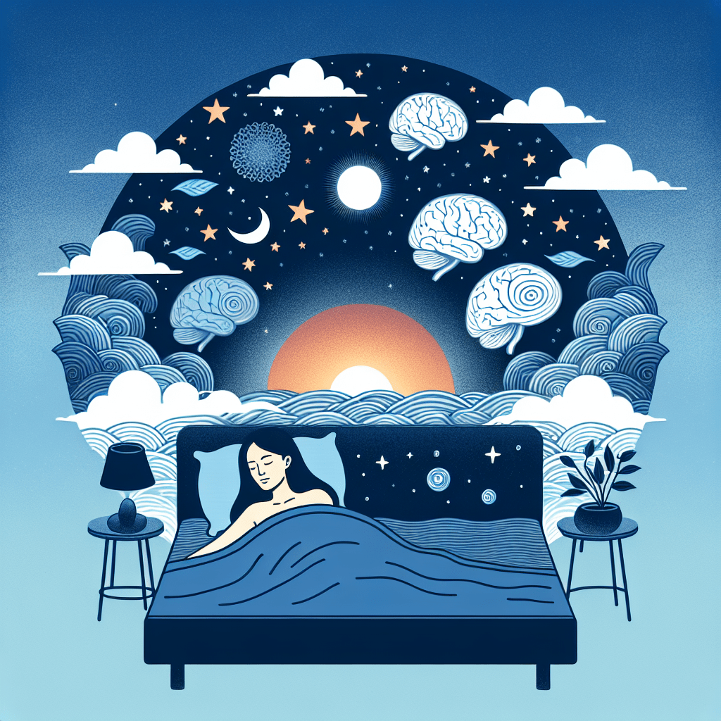 A person is peacefully sleeping in a bed, while above them a dreamscape unfolds featuring a night sky full of stars, floating brains, celestial objects, and clouds, with a large sun partially hidden by the horizon in the background.