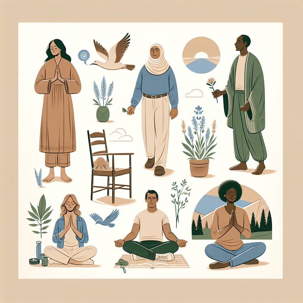 An illustration depicting six diverse individuals engaged in various peaceful activities such as meditation and yoga, with elements of nature like plants and birds interspersed throughout.