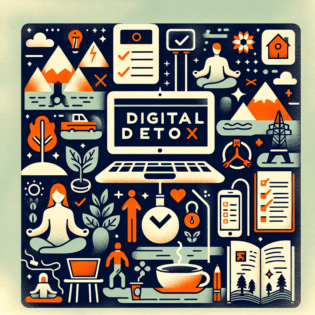 Illustration themed "Digital Detox" featuring various icons such as mountains, a meditating figure, a plant, a cup of tea, a book, and a laptop, intertwined with symbols of nature and well-being in a stylized, uniform color palette.
