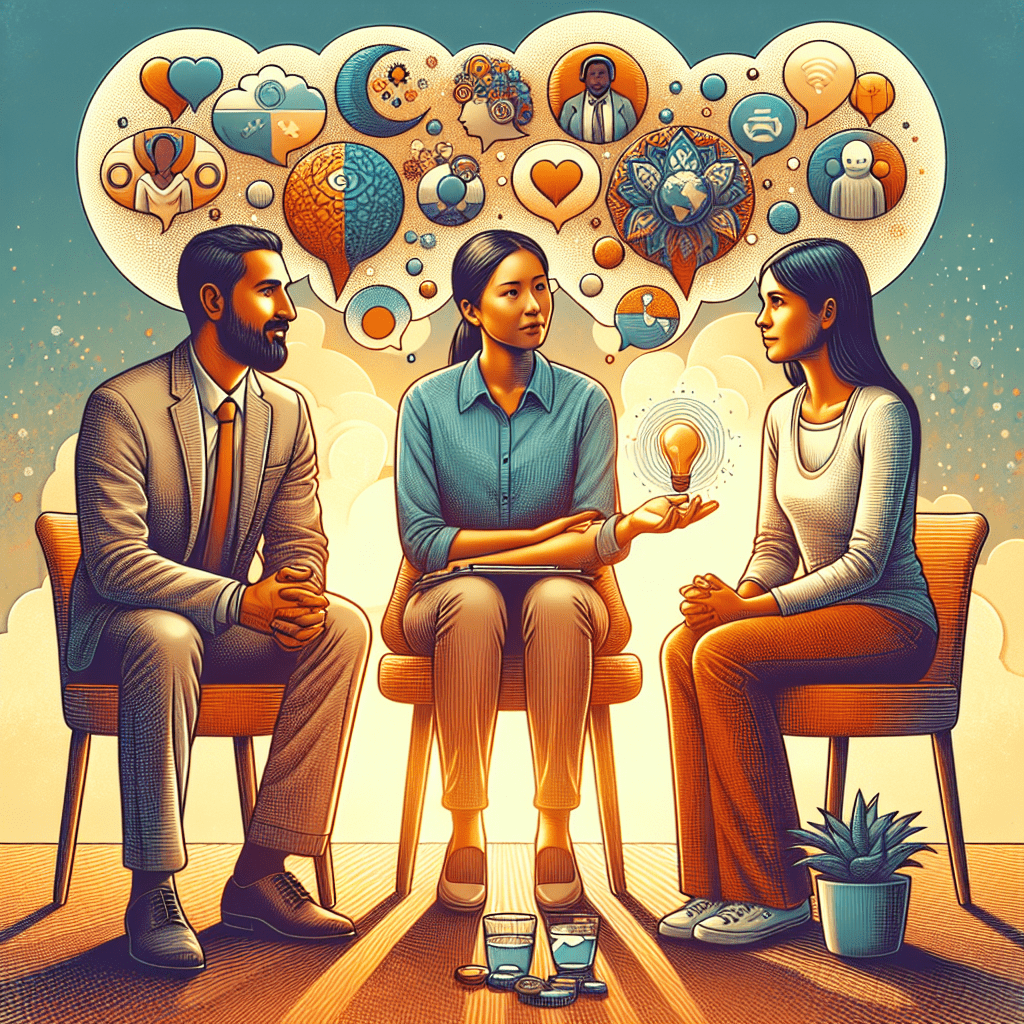 Illustration of three people sitting and discussing ideas, with a central figure holding a lightbulb and thought bubbles with various symbols indicating creativity and connectivity surrounding them.