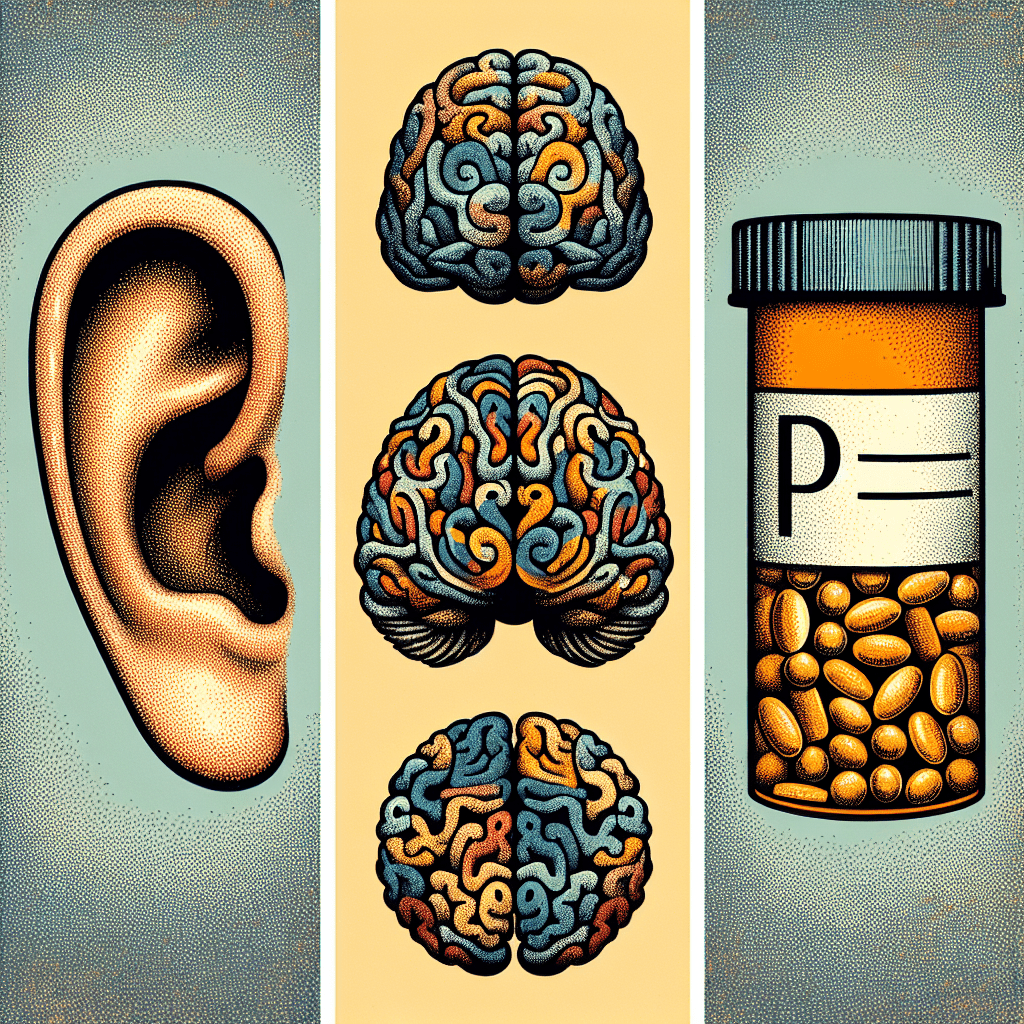 An illustration featuring a human ear, three stylized representations of brains with different color patterns, and a pill bottle with a prescription label, set against a dotted background.