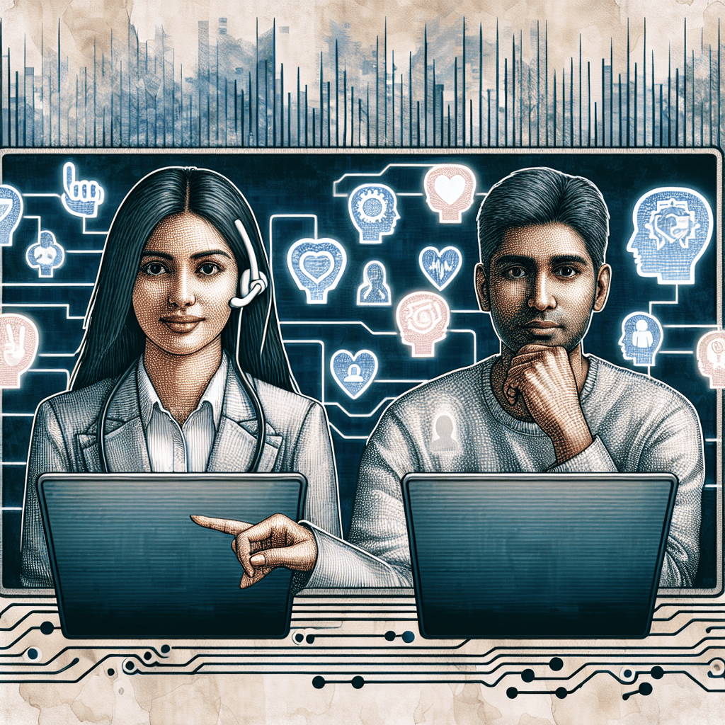 An illustration of two individuals using laptops, with a woman on the left wearing a headset and a man on the right resting his chin on his hand. Both are surrounded by a background of tech-inspired graphics, including thought bubbles, hearts, gears, and a stylized cityscape.