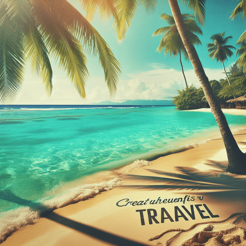 A tranquil tropical beach with clear turquoise waters under a sunny sky, framed by palm trees, with the phrase "Create adventures in TRAVEL" written in the sand.