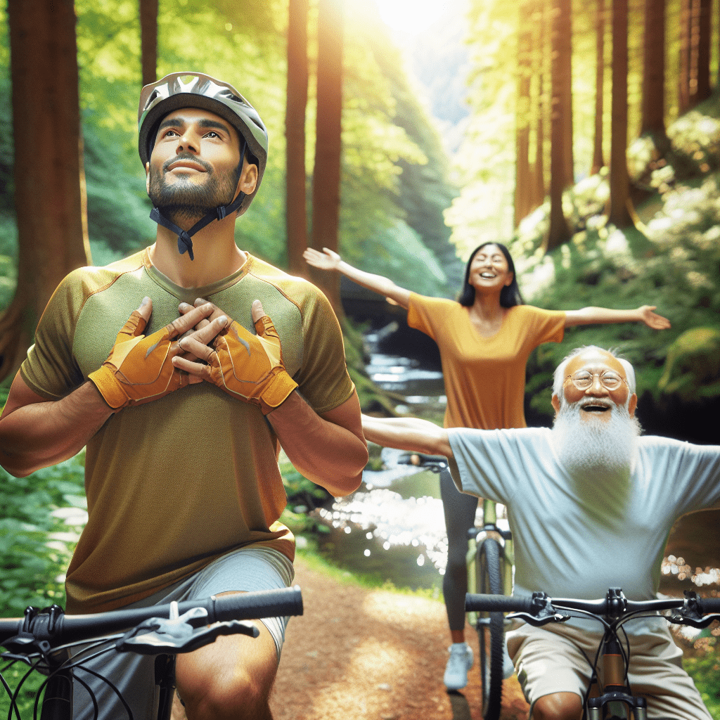 Three people enjoying a bike ride in a sunlit forest, with an older man and a young woman in the background outstretching their arms joyfully, and a young man in the foreground touching his chest gratefully.