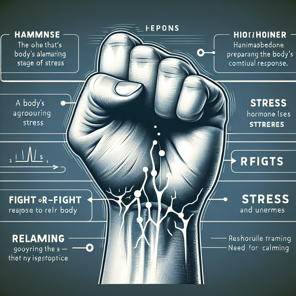 Illustration of a clenched fist with superimposed text and graphics explaining various stress-related concepts, though the text is intentionally jumbled and nonsensical.