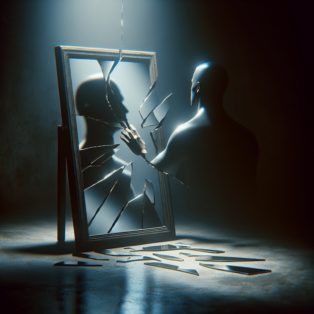 A 3D-rendered image depicting a humanoid figure reaching towards a broken mirror with shards reflecting its silhouette, set in a dimly lit, atmospheric room.