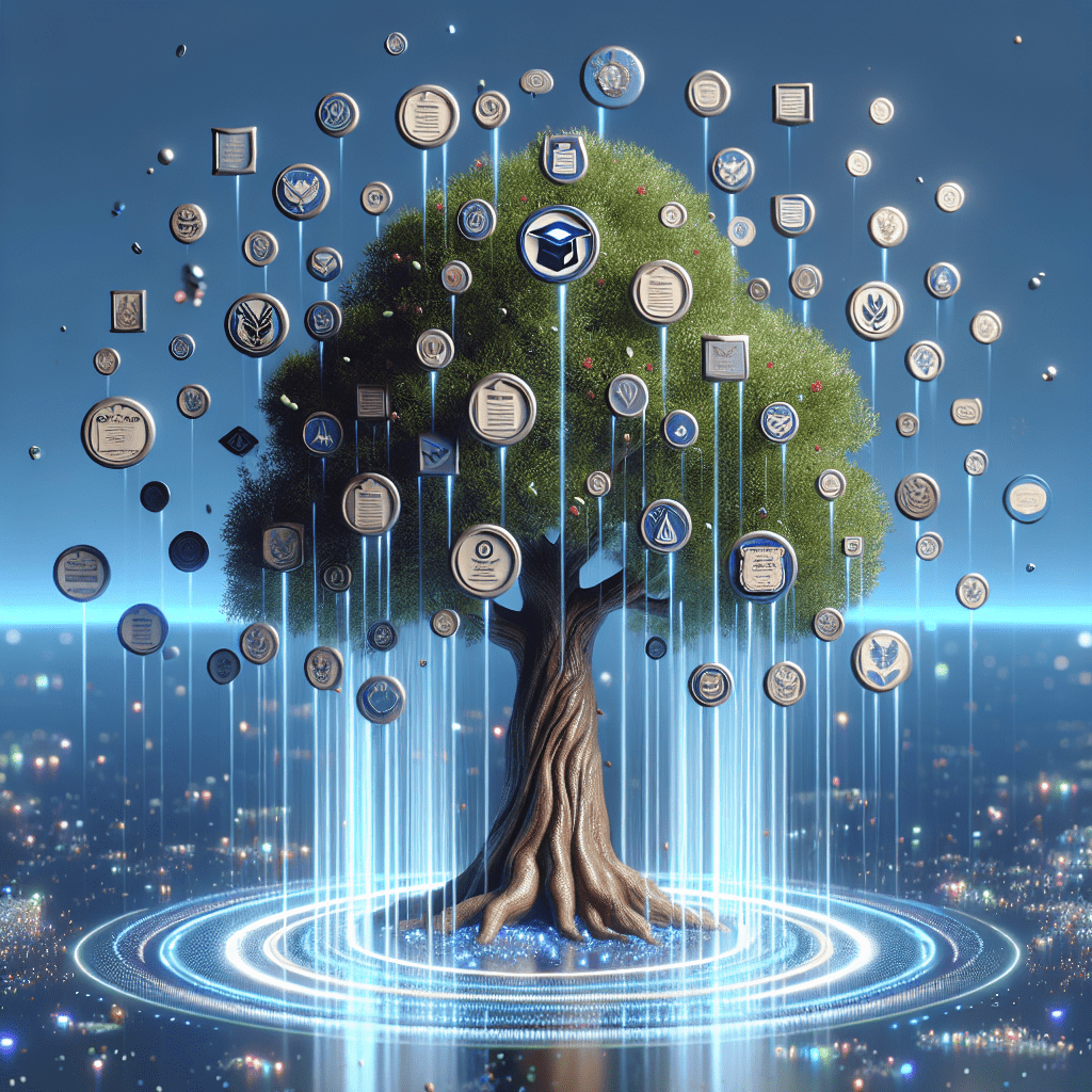 A vibrant digital artwork featuring a tree with dense foliage, its trunk rooted in a neon, circular platform that emits light beams. Surrounding the tree are floating symbols representing various car manufacturers, with a city nightscape in the background.
