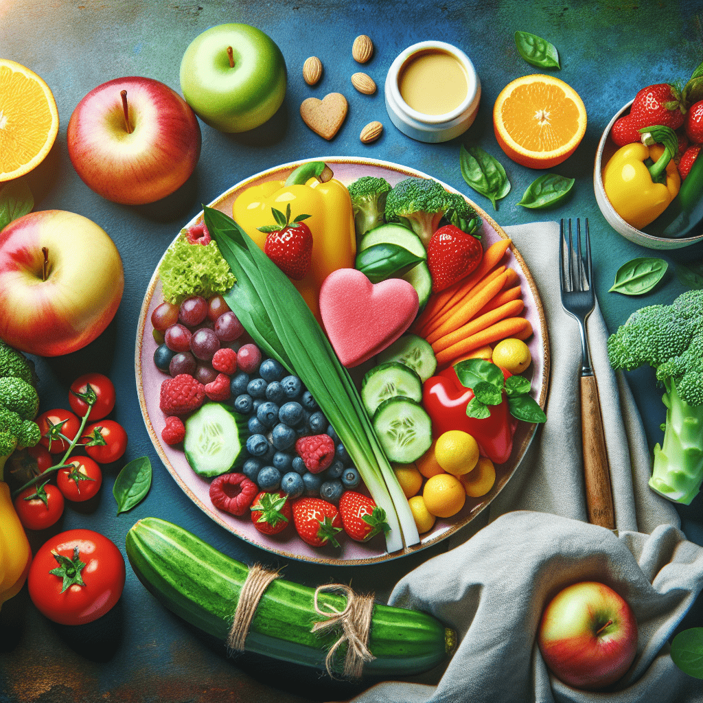 A colorful and healthy food arrangement featuring a variety of fruits and vegetables, including apples, berries, tomatoes, peppers, and leafy greens, artistically displayed around a plate and garnished with nuts and a heart-shaped food item, all set on a blue textured background.