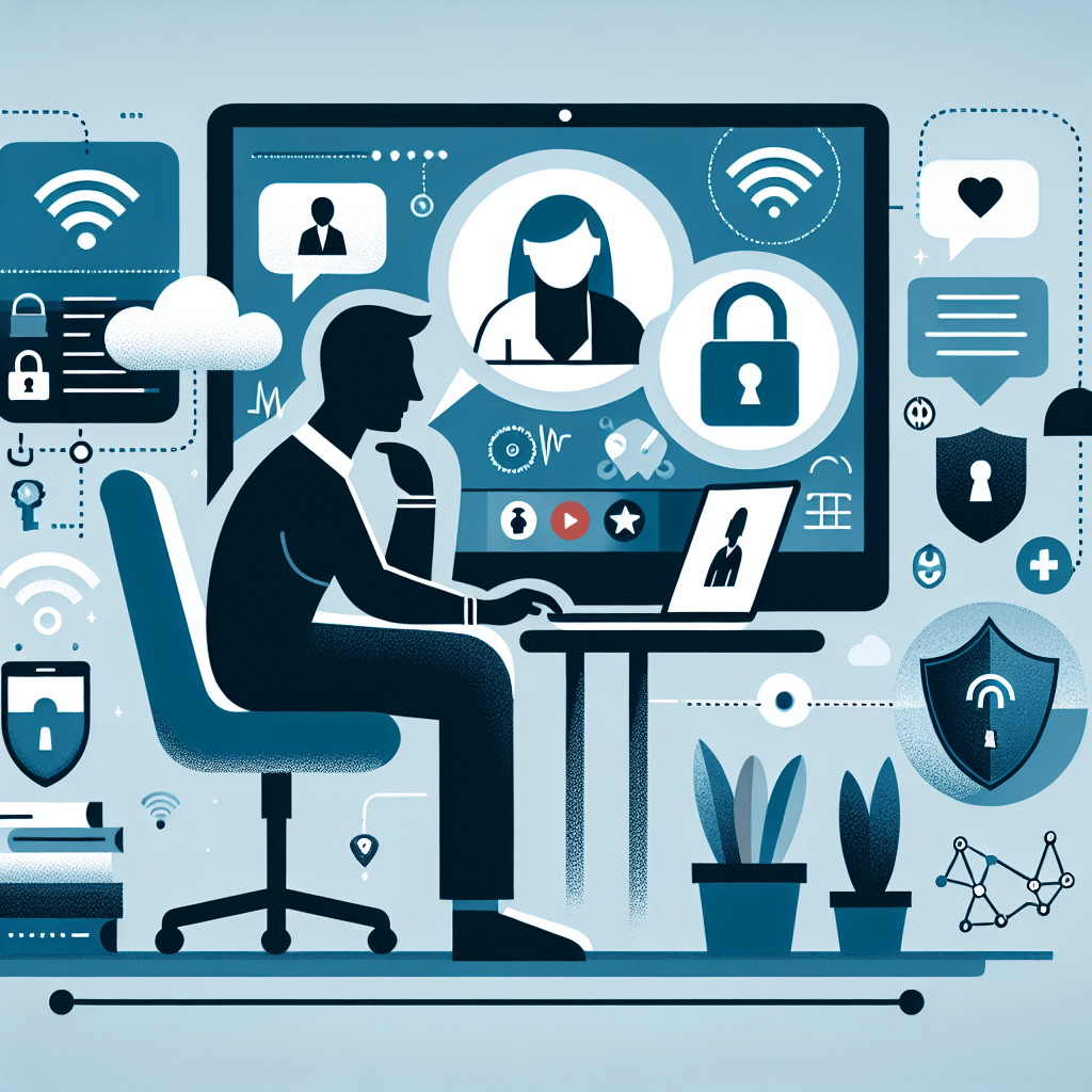 Illustration of a person sitting at a desk working on a laptop with a screen displaying various cybersecurity and technology icons such as shields, locks, and network symbols.