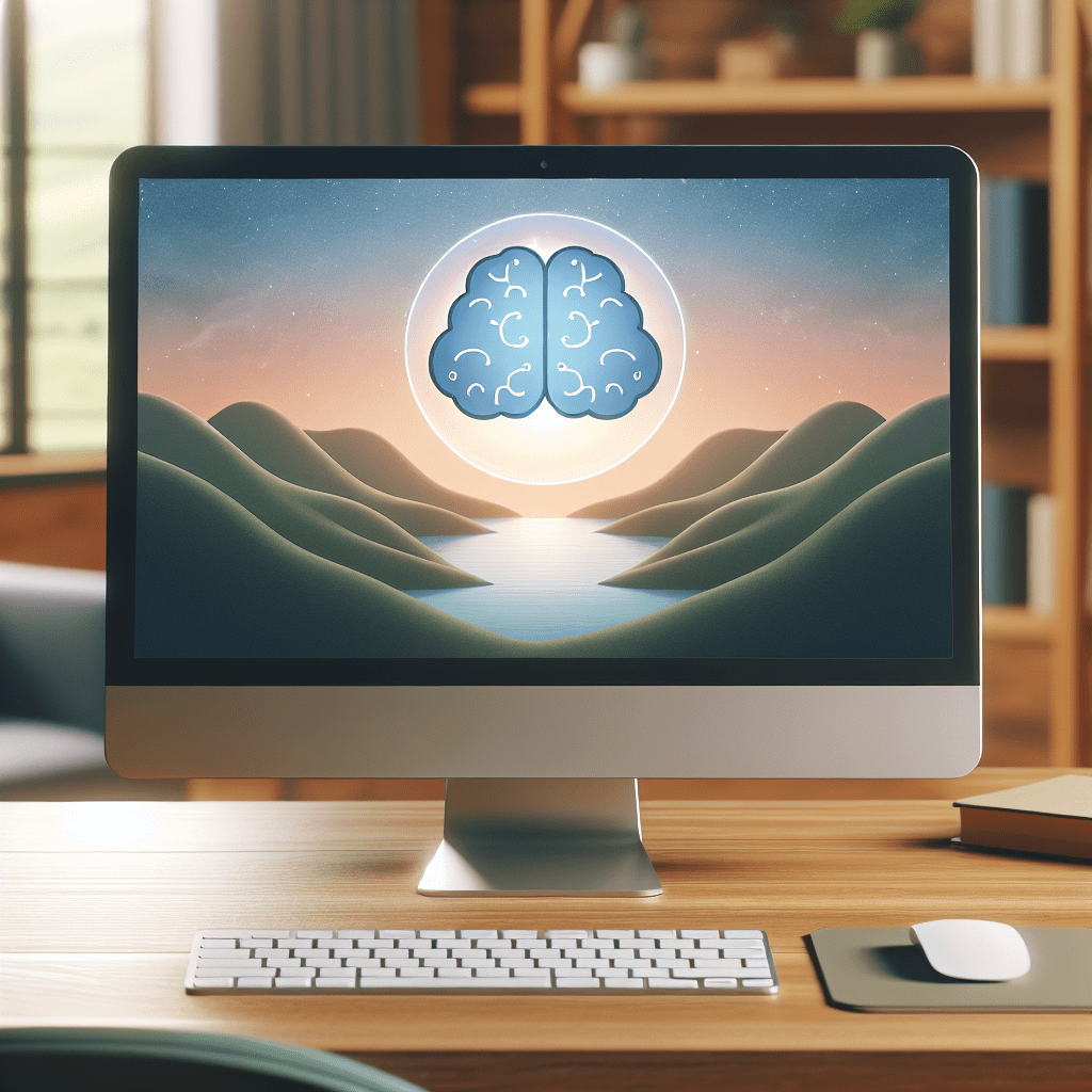 A computer monitor on a desk displaying a stylized image of a brain-shaped moon rising over a serene landscape with hills and a river.
