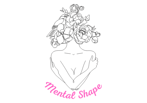 Line drawing of a human figure with a bouquet of flowers for a head and the phrase "Mental Shape" in pink script below.