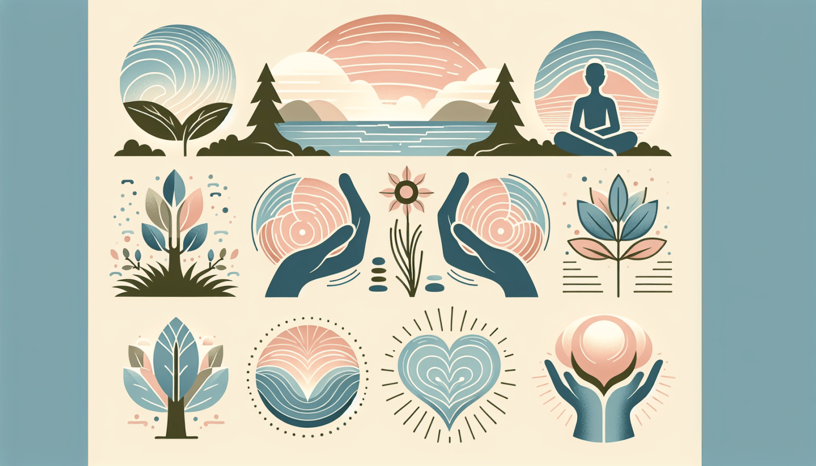 A stylized illustration with three rows depicting nature and wellness themes, including images of a plant with swirl patterns, a sunset over a calm sea flanked by trees with a seated person, hands nurturing a flower, geometric leaves, a wavy sun, a heart, and hands cradling a glowing orb, all in soft pastel colors.