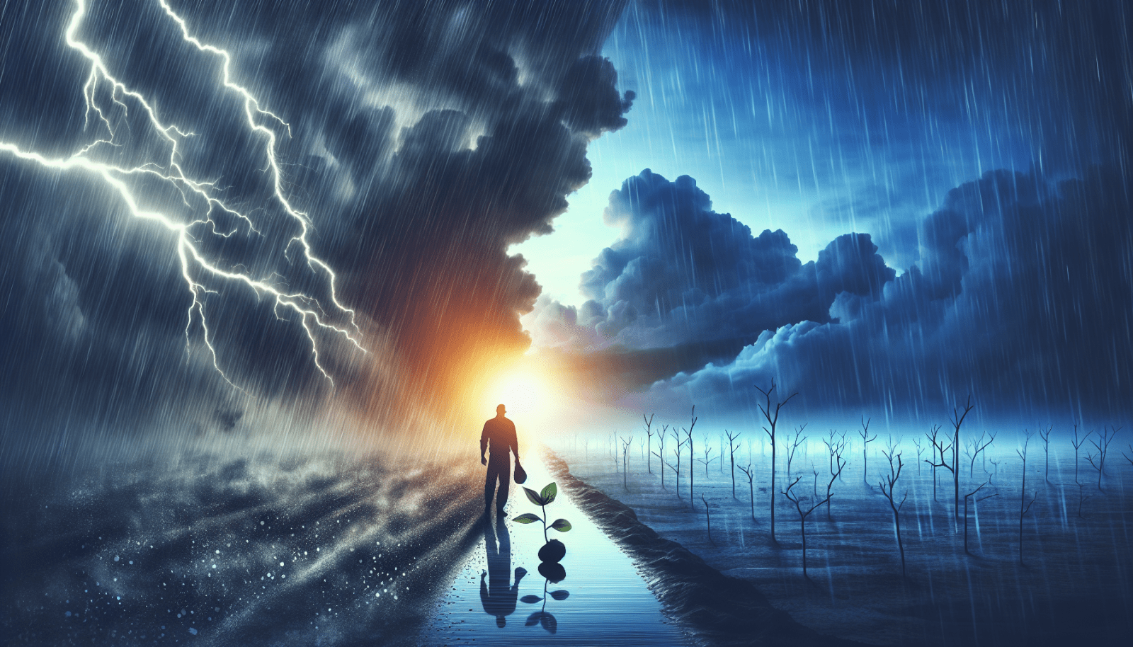A digital artwork depicting a stark contrast between a stormy environment with lightning and rain on the left, and a tranquil sunset scene with a growing plant on the right, with a silhouette of a person walking along the dividing line.