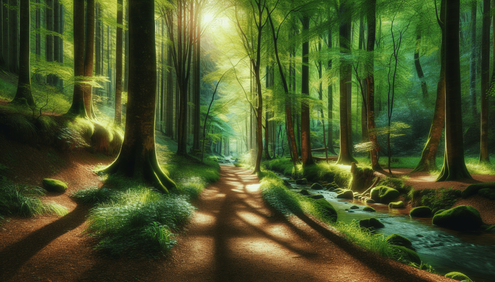 A serene forest scene with sunlight filtering through tall trees, casting long shadows on a dirt path, while a gentle stream flows beside the path, surrounded by lush greenery and moss-covered rocks.