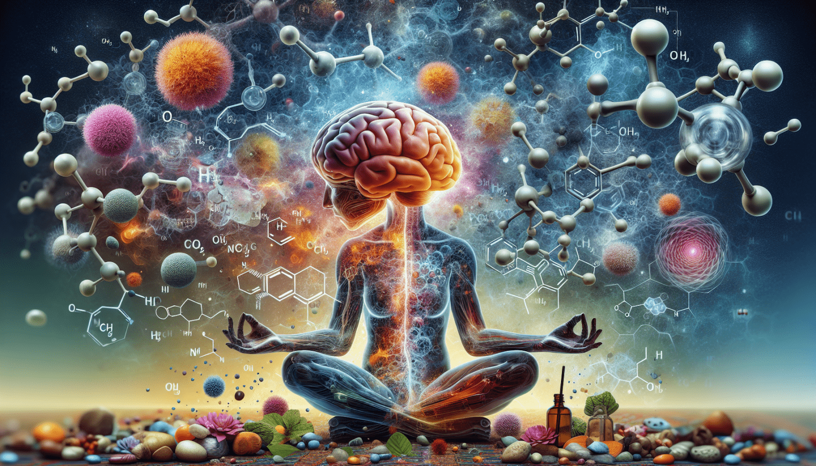 A digital artwork depicting a transparent human in a meditative pose with an oversized, visible brain, surrounded by a myriad of floating scientific elements like molecules, atomic structures, viral particles, and chemical formulas, against a cosmic backdrop.