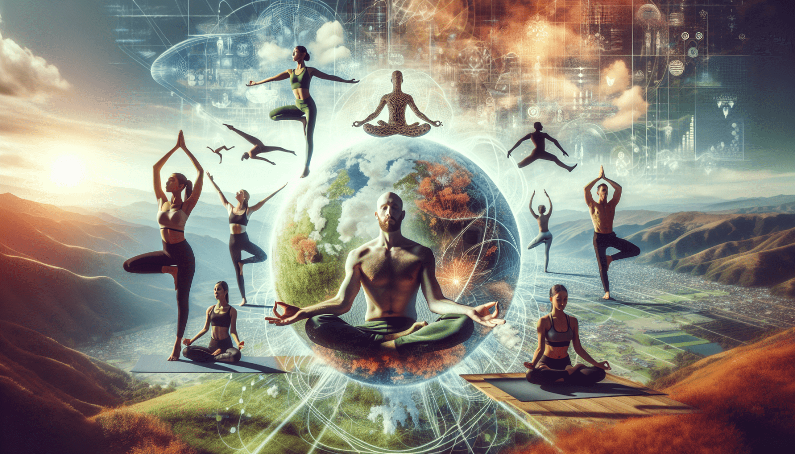 Digital artwork depicting multiple people practicing yoga poses around a large, central figure meditating above the Earth, with a technological and nature fusion background.