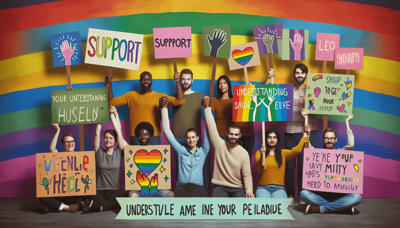 A diverse group of people is sitting and standing against a colorful rainbow-striped background, holding placards with various positive messages and symbols about support, love, and understanding. Some signs feature heart symbols and hand illustrations, while others display phrases and words such as "SUPPORT" and "UNDERSTANDING."