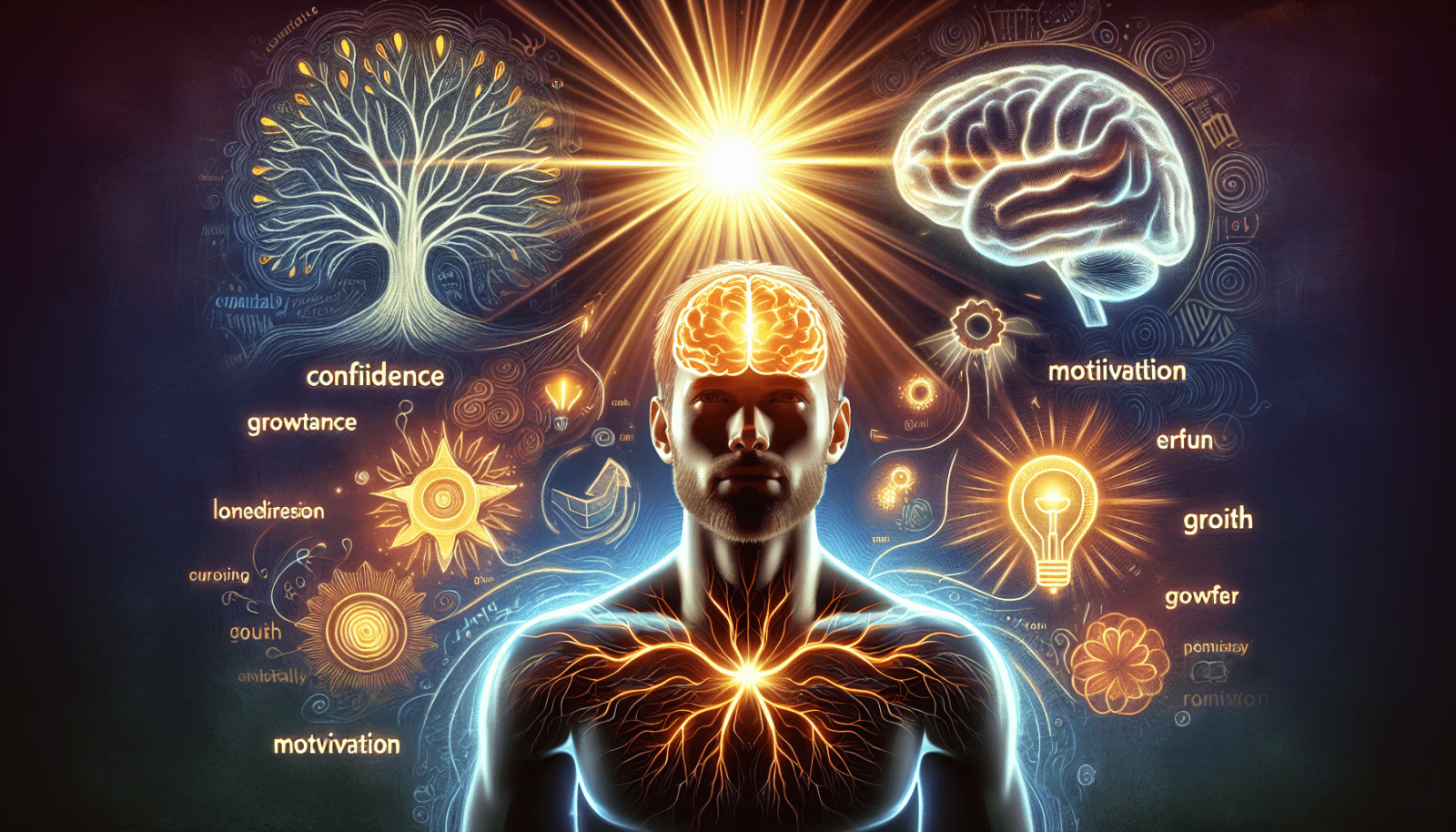 A digital artwork of a human figure with a glowing brain connected by light to the heart, surrounded by symbolic illustrations representing various concepts including a tree, sun, brain, and lightbulb, with words like "confidence," "growth," and "motivation" scattered throughout.