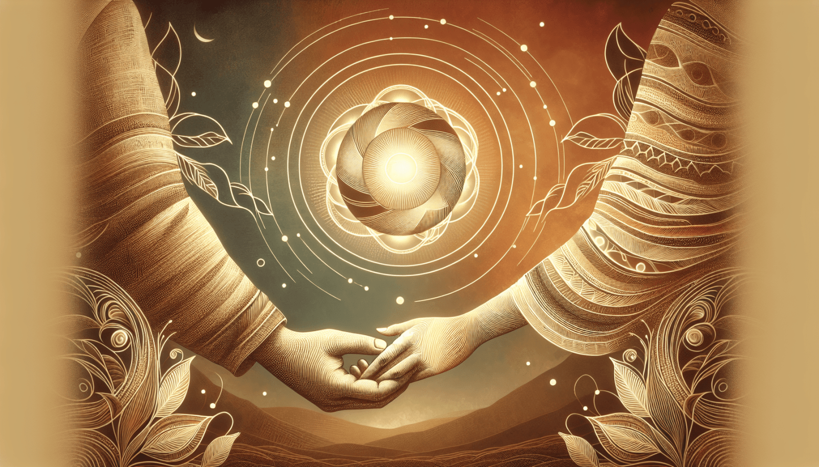 Illustration of two highly detailed hands in a warm, sepia-toned color palette reaching towards each other with an intricate cosmic flower design at the center emitting circular energy waves, set against a stylized landscape and sky background.