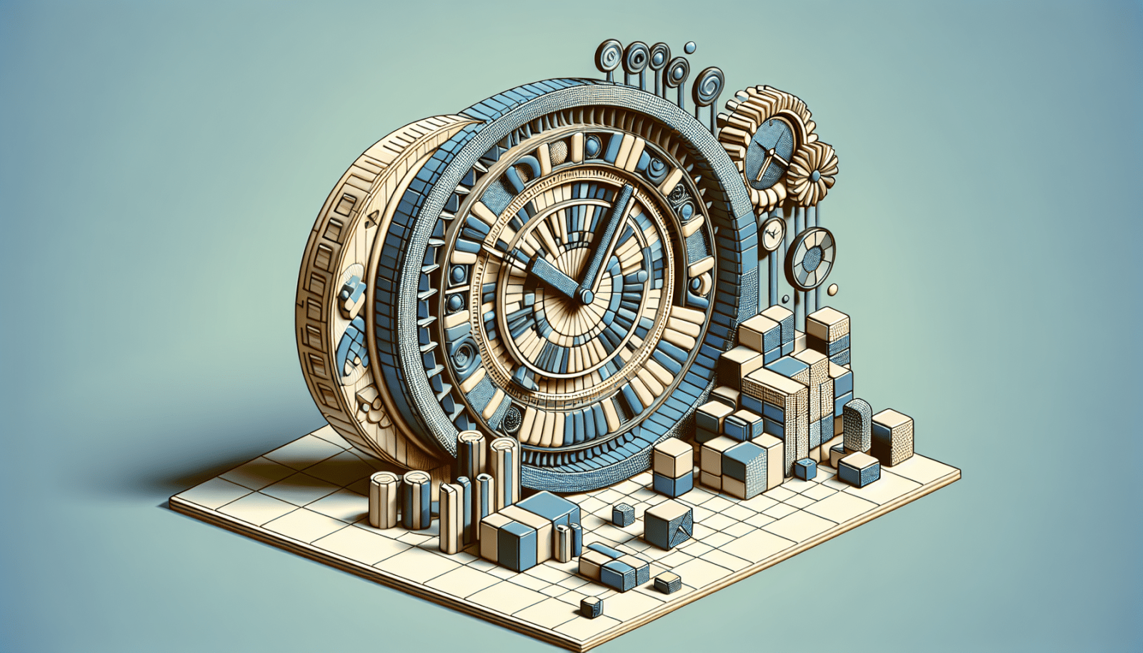 An isometric illustration featuring a stylized, mechanical structure resembling a clock with intricate gears and parts, surrounded by an arrangement of geometric shapes and smaller clock faces on a checkered floor, presented in a palette of blues, golds, and neutral tones.