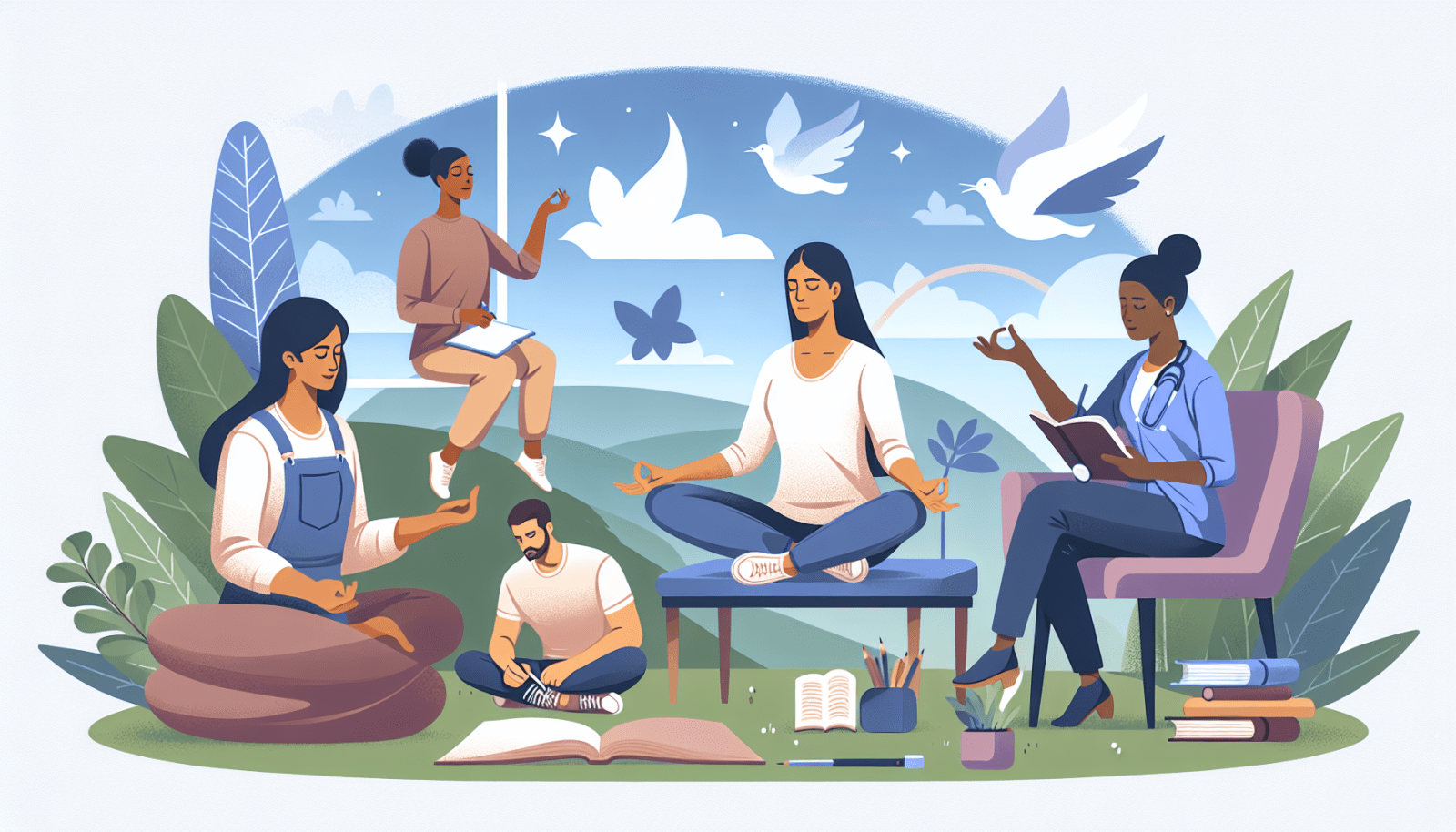 Illustration of a diverse group of five people engaging in creative and relaxing activities such as meditation, reading, writing, and drawing, surrounded by an idyllic landscape with birds, plants, and a calm sky transitioning from day to night.