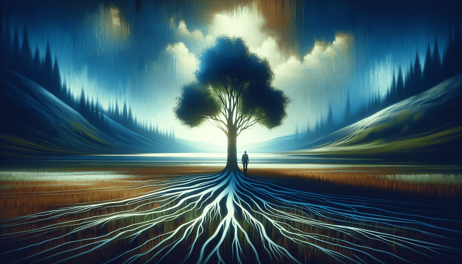 A solitary figure stands before a vibrant tree with extensive, glowing roots spreading across the landscape, amidst a dreamlike setting with exaggerated, brushstroke-like hills and a surreal, blue-toned sky.