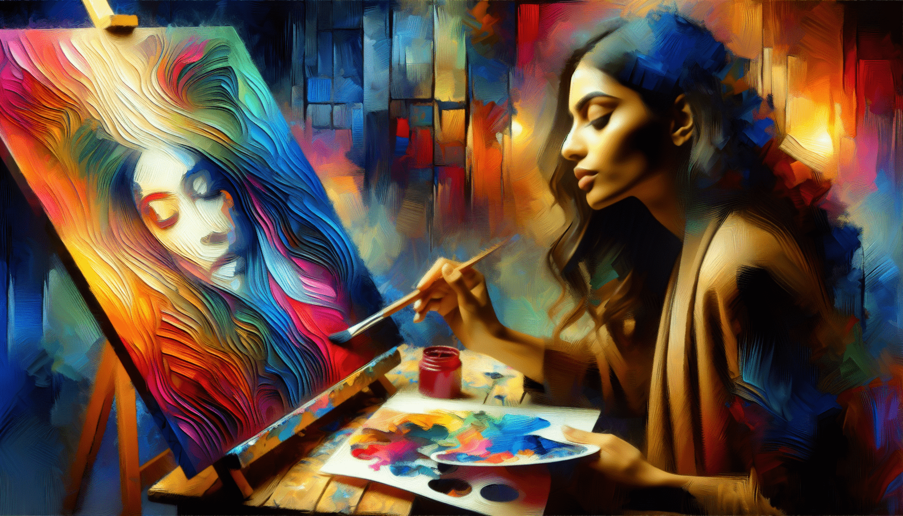 A digitally painted image of a woman painting a colorful portrait on canvas in an abstract, vibrant style.