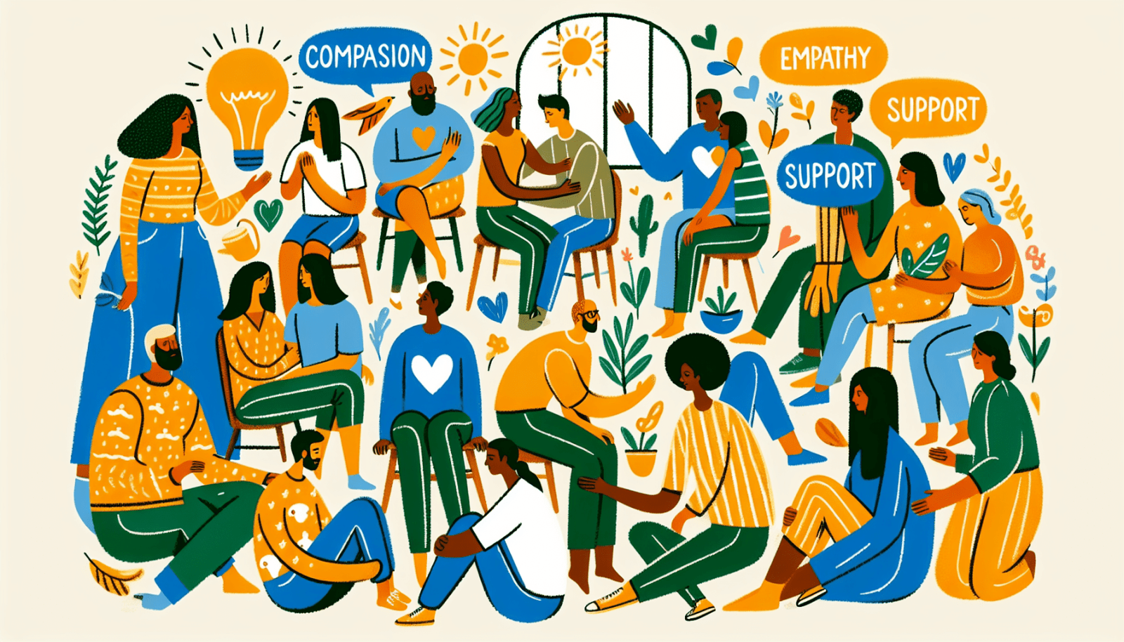 Illustration of diverse people engaged in supportive and compassionate interactions with plants and abstract elements, with text bubbles containing the words "compassion," "empathy," and "support."