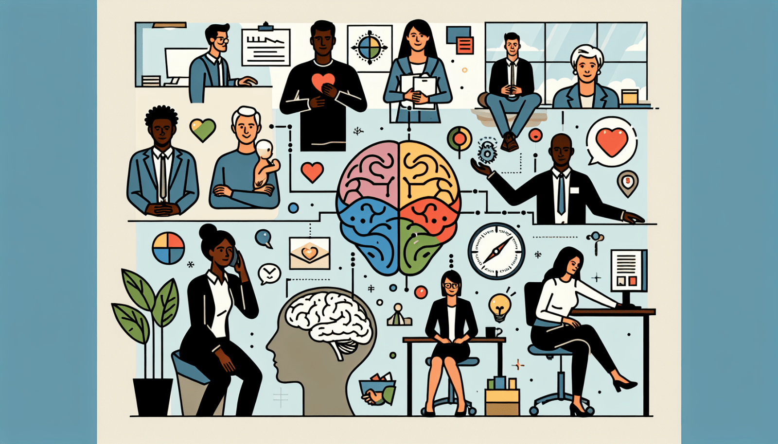 Illustration of a collage with various scenes of professional people in work environments, intermixed with symbols of ideas, communication, technology, and creativity, including a colorfully segmented brain.