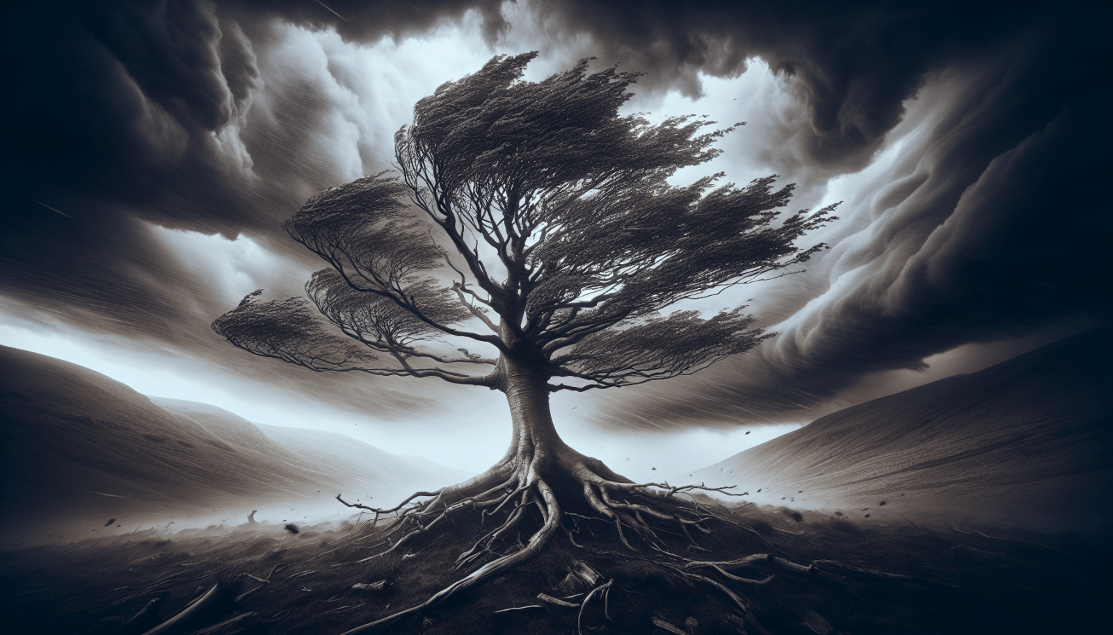 A monochrome image of a windswept tree with exposed roots on barren hills under a dramatic sky with swirling clouds.