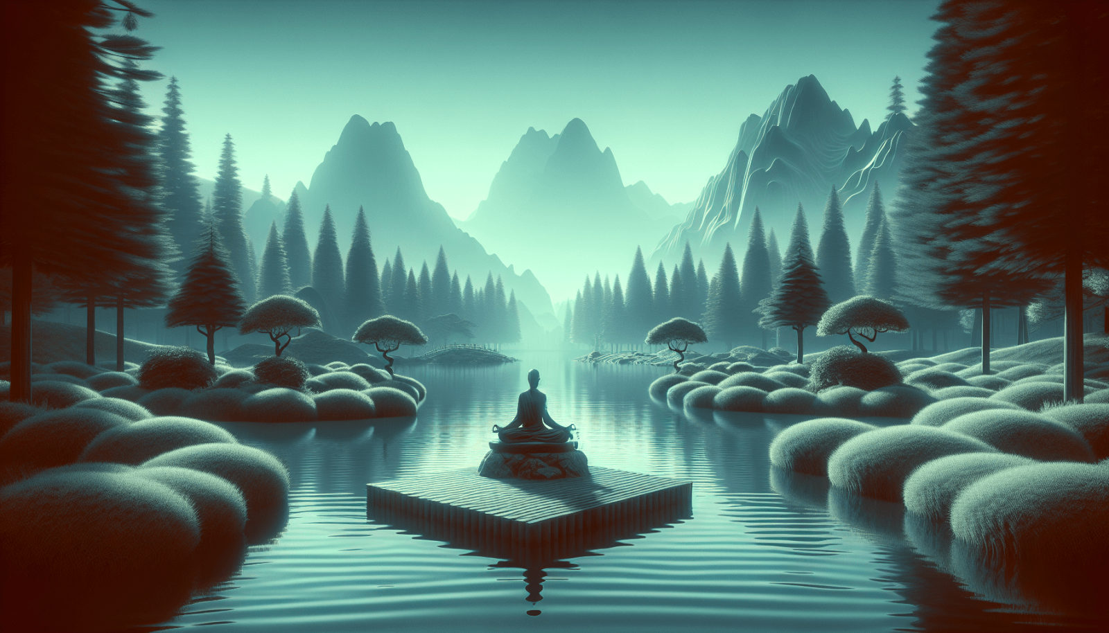 A serene digital artwork of a person meditating on a floating platform in the center of a calm lake, surrounded by symmetrical, manicured trees with rolling hills and towering mountain peaks in the backdrop, all enveloped in a blue, misty atmosphere.