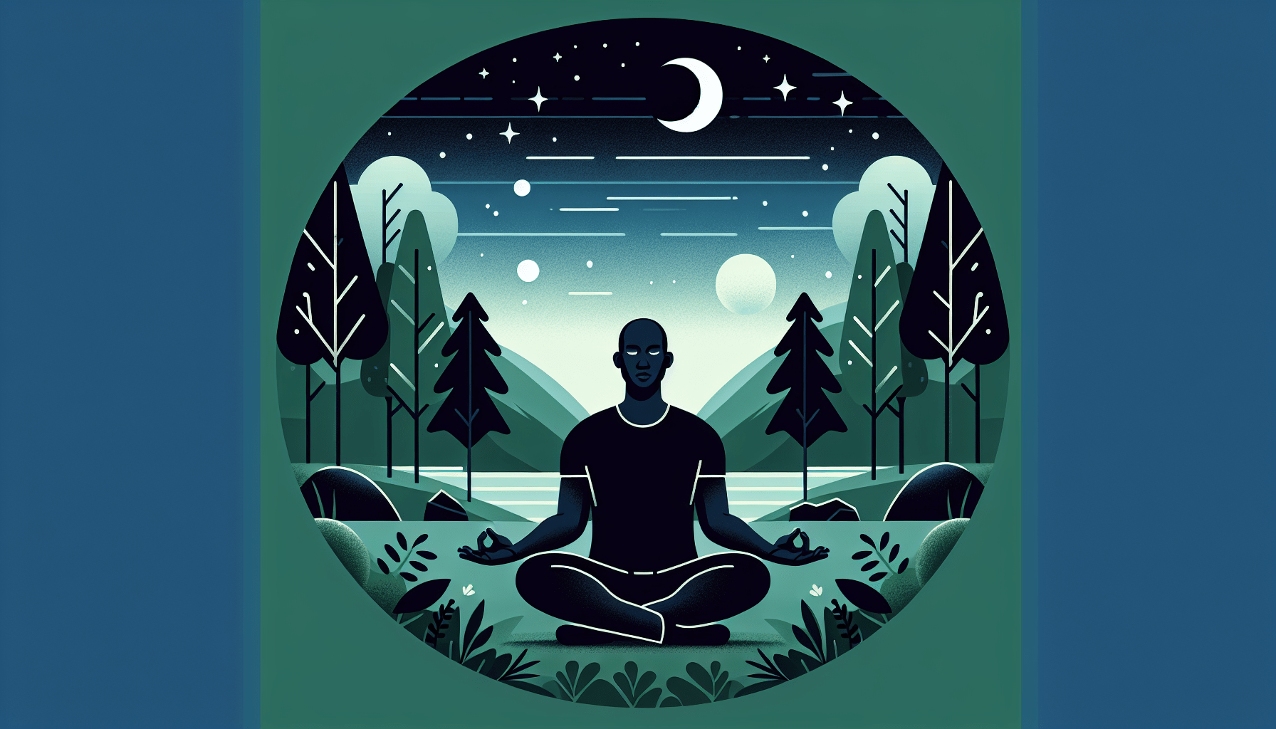 Illustration of a person meditating in a serene forest setting under a starry night sky with mountains in the background.