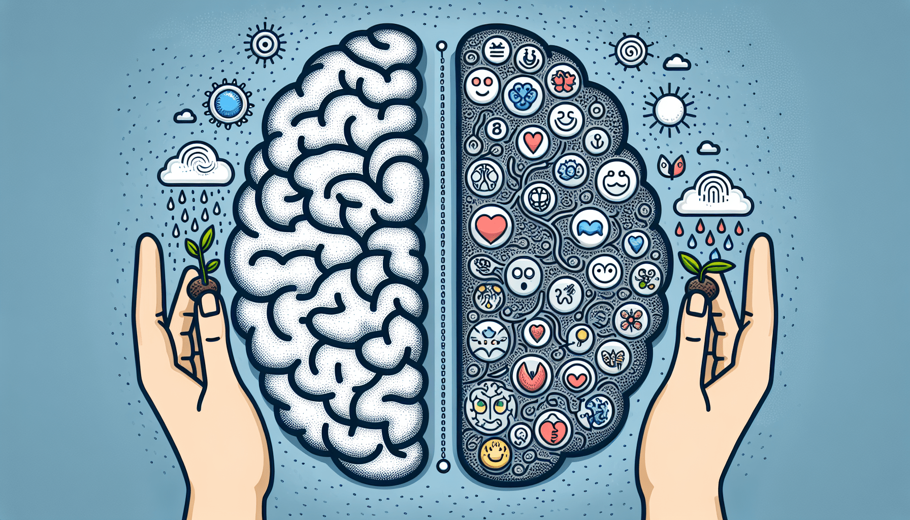 Illustration of two hands holding stylized human brains, one depicting logical patterns and shapes, and the other filled with emotional symbols and icons, against a blue background with weather elements above each brain.